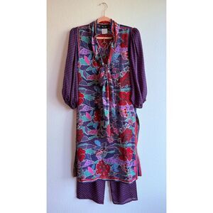 Vintage 80s Diane Freis Coordinating 3 Piece Floral Dot Tunic Pants & Sash Set